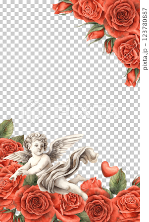 A bouquet of red roses with green leaves and an angel-cupid flying among them. Watercolor illustration for cards, invitations, banners for a wedding, Valentine's Day, birthdays and anniversaries A bouquet of red roses with green leaves and an angel-cupid flying among them. Watercolor illustration for cards, invitations, banners for a wedding, Valentine's Day, birthdays and anniversaries 123780887