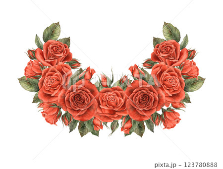 Bouquet of red scarlet velvet roses with unblown buds and green leaves. Watercolor illustration for design of cards, invitations, banners for weddings, Valentine's Day, birthdays and anniversaries Bouquet of red scarlet velvet roses with unblown buds and green leaves. Watercolor illustration for design of cards, invitations, banners for weddings, Valentine's Day, birthdays and anniversaries 123780888