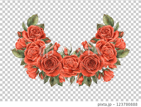 Bouquet of red scarlet velvet roses with unblown buds and green leaves. Watercolor illustration for design of cards, invitations, banners for weddings, Valentine's Day, birthdays and anniversaries Bouquet of red scarlet velvet roses with unblown buds and green leaves. Watercolor illustration for design of cards, invitations, banners for weddings, Valentine's Day, birthdays and anniversaries 123780888