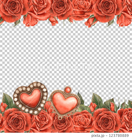 Red chic velvet roses with leaves and vintage openwork hearts medallions. Watercolor illustration - a template for cards, invitations, banners for a wedding, Valentine's Day, birthdays, anniversaries Red chic velvet roses with leaves and vintage openwork hearts medallions. Watercolor illustration - a template for cards, invitations, banners for a wedding, Valentine's Day, birthdays, anniversaries 123780889
