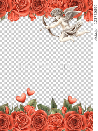 A bouquet of red roses with green leaves and an angel-cupid flying among them. Watercolor illustration for cards, invitations, banners for a wedding, Valentine's Day, birthdays and anniversaries A bouquet of red roses with green leaves and an angel-cupid flying among them. Watercolor illustration for cards, invitations, banners for a wedding, Valentine's Day, birthdays and anniversaries 123780890