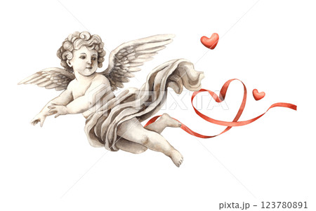 Cherub angel cupid of love made of ceramic material with a red heart and a silk ribbon. Watercolor illustration in vintage style, suitable for wedding, Valentine's Day, anniversary, cards, banner 123780891