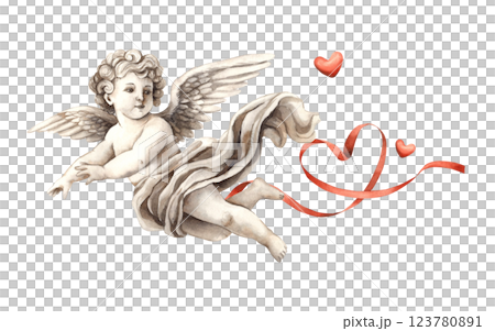 Cherub angel cupid of love made of ceramic material with a red heart and a silk ribbon. Watercolor illustration in vintage style, suitable for wedding, Valentine's Day, anniversary, cards, banner 123780891