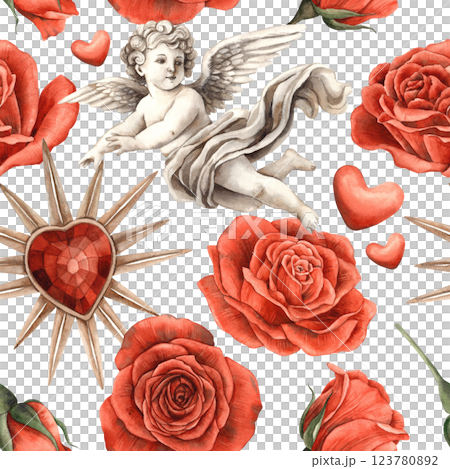Red roses, vintage heart with a crystal and a plaster cupid-angel. Watercolor seamless pattern on a white background, for packaging design, textiles, banners for weddings, Valentine's Day, birthdays Red roses, vintage heart with a crystal and a plaster cupid-angel. Watercolor seamless pattern on a white background, for packaging design, textiles, banners for weddings, Valentine's Day, birthdays 123780892