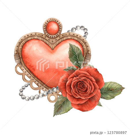 Vintage copper heart, red bright rose with leaves and white pearls around. Watercolor hand-drawn illustration is suitable for Valentine's Day, wedding, anniversary, invitation and postcard design 123780897