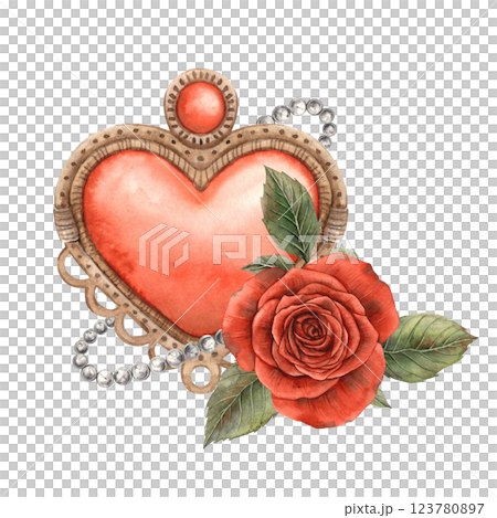 Vintage copper heart, red bright rose with leaves and white pearls around. Watercolor hand-drawn illustration is suitable for Valentine's Day, wedding, anniversary, invitation and postcard design 123780897