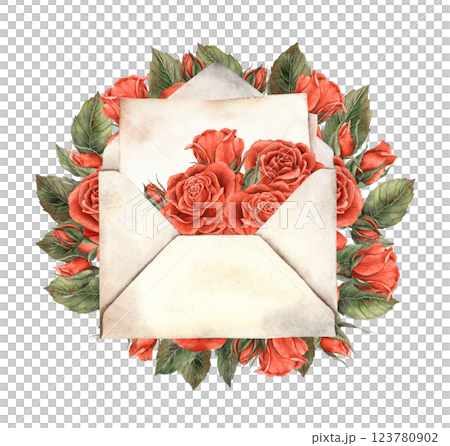 Old envelope with red velvet roses inside, this envelope surrounds a bouquet of roses and green leaves. Watercolor composition, suitable for Valentine's Day, wedding invitations, gift wrapping Old envelope with red velvet roses inside, this envelope surrounds a bouquet of roses and green leaves. Watercolor composition, suitable for Valentine's Day, wedding invitations, gift wrapping 123780902