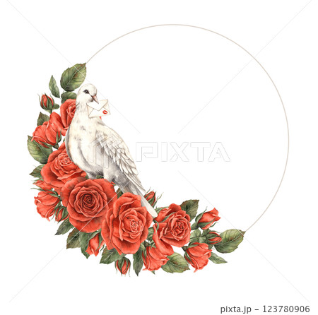 Red bright roses with buds and white dove with letter. Watercolor round frame-wreath with empty space for text, for banners, invitations, packaging, wedding design, Valentine's Day, anniversary 123780906