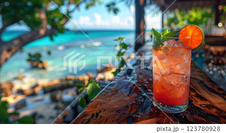 Cocktail glass with ice cubes and exotic tropical fruits on table in summer.AI Generative. 123780928