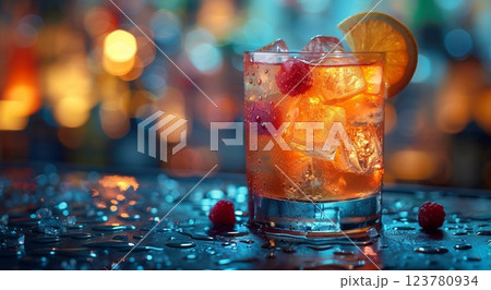 Cocktail glass with ice cubes on bar table on holiday vacation resort nightclub.Macro.AI Generative. 123780934