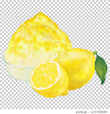 ガラスの器に入ったレモンシロップの黄色いかき氷1杯	 123780944