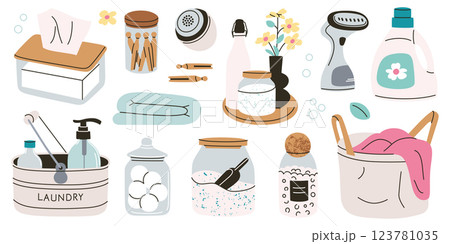 Vector illustration of aesthetic laundry collection with stylish detergent bottles, fabric care containers, wooden clothespins, steamer, and fresh linen. Modern home organization. Flat cartoon doodles 123781035