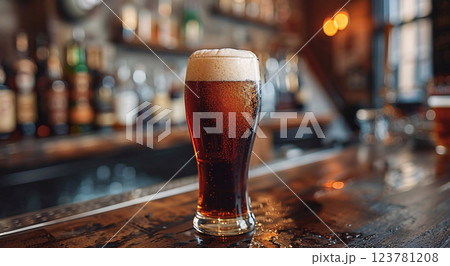 Pub counter with glass of craft dark red ale beer in old brewery.Macro.AI Generative. Pub counter with glass of craft dark red ale beer in old brewery.Macro.AI Generative. 123781208