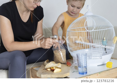 Mother and son preparing food for pet budgie bird in cage 123781216