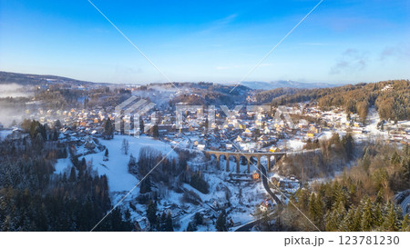 Snow blankets the landscape around the historic stone railway bridge in Smrzovka, Czechia. The charming village lies nestled in the serene winter scenery under a clear blue sky. Snow blankets the landscape around the historic stone railway bridge in Smrzovka, Czechia. The charming village lies nestled in the serene winter scenery under a clear blue sky. 123781230