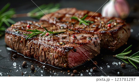 Grilled sirloin beef steaks with garlic and rosemary on black background.Macro.AI Generative. 123781297