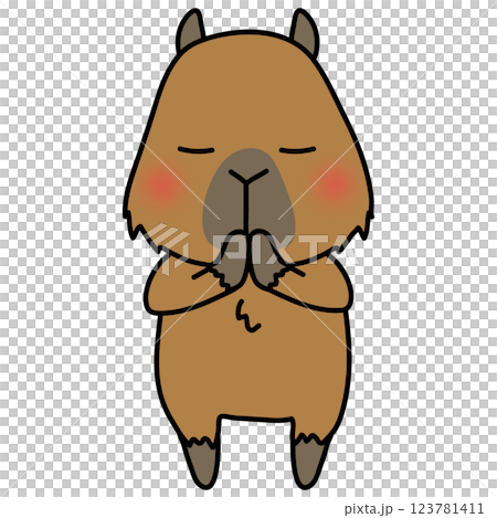 手を合わせて願い事をするカピバラ 123781411