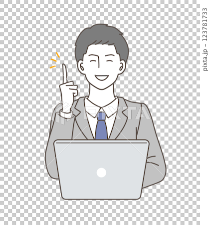 Illustration of a man in a suit explaining a point in front of a laptop Illustration of a man in a suit explaining a point in front of a laptop 123781733