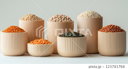 Wooden bowls filled with various grains and legumes arranged neatly 123781768
