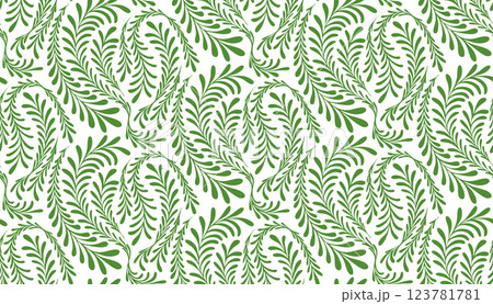Green fern pattern seamless on a white background. Elegant nature fern leaf pattern with swirling leaves, perfect for textiles, wallpaper, and decorative backgrounds. 123781781