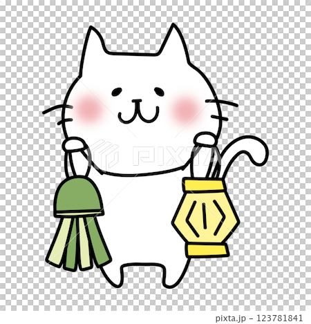White cat holding a Tanabata decoration White cat holding a Tanabata decoration 123781841