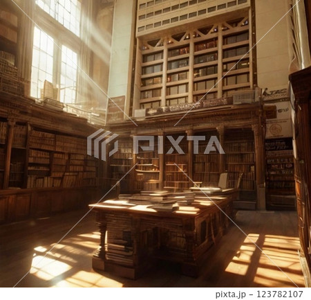 古い図書館に差し込む神秘的な光の筋 123782107