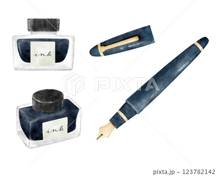水彩画風の万年筆とインクのイラストセット 123782142