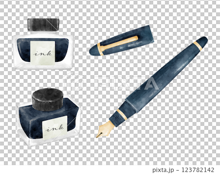 水彩画風の万年筆とインクのイラストセット 123782142