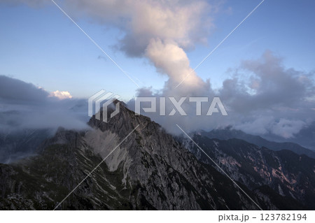 Panoramic view Freyungen mountains  from Nordlinger hut on Karwendel Hohenweg, Austria 123782194