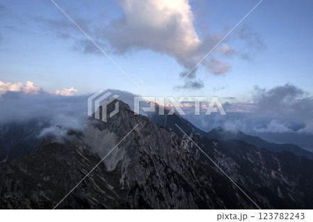 Panoramic view Freyungen mountains from Nordlinger hut on Karwendel Hohenweg, Austria Panoramic view Freyungen mountains from Nordlinger hut on Karwendel Hohenweg, Austria 123782243