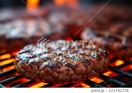 Succulent Flame-Grilled Gourmet Beef Patties Sizzling on Open Barbecue with Rising Flames A Culinary Masterpiece in Premium Food Photography 123782276