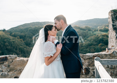 Portrait of husband kissing beautiful bride on forehead. Portrait of husband kissing beautiful bride on forehead. 123782380