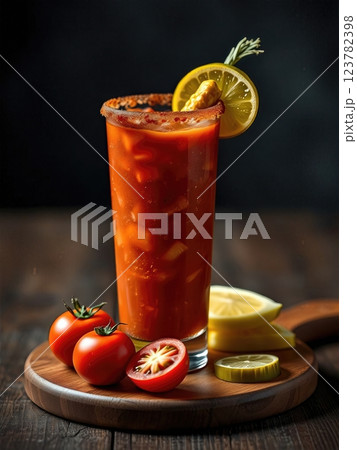 Fresh Garden-to-Glass Artisanal Bloody Mary Cocktail with House-Made Garnishes A Contemporary Take on the Classic Brunch Beverage 123782398