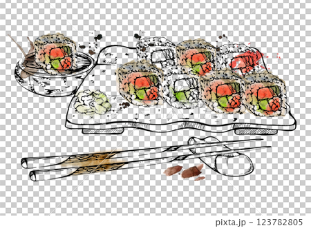 Japanese food sushi roll set on ceramic plate, chopsticks on rest, soy sauce dish, raw fish salmon avocado tuna sesame, hand drawn in watercolor, ink. Illustration restaurant, cafe menu, recipe book Japanese food sushi roll set on ceramic plate, chopsticks on rest, soy sauce dish, raw fish salmon avocado tuna sesame, hand drawn in watercolor, ink. Illustration restaurant, cafe menu, recipe book 123782805