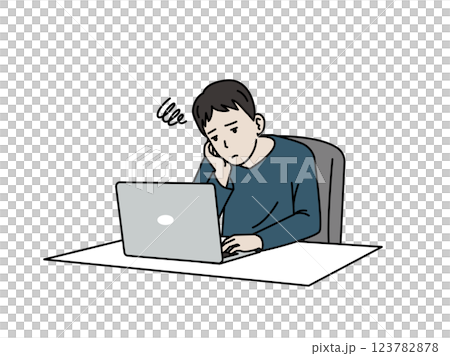 Illustration of a young man in trouble in front of a laptop 123782878