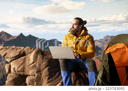 Young entrepreneur always connected to internet to do some tasks, workaholic person enjoying high speed strong signal and technology dependency. Adventurer with a web addiction. 123783091