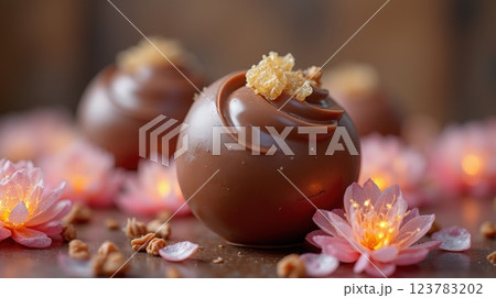 Delicious chocolate truffles decorated with flowers and toppings on a wooden table 123783202