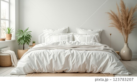 Cozy bedroom with white bedding and indoor plants, designed for relaxation and comfort 123783207