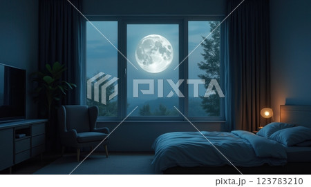 Moonlit bedroom with serene view of nature at night and a full moon 123783210