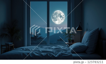 Nighttime view of a full moon shining through bedroom window with mountain backdrop 123783211