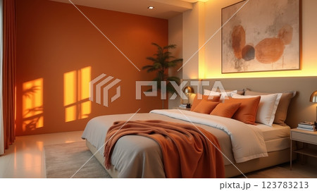 Modern bedroom with warm tones and natural light during sunset 123783213