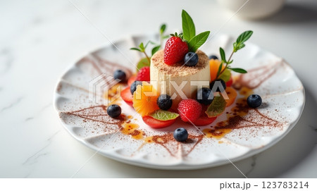 Delightful dessert plated with fresh berries and mint on a stylish dish in a bright setting 123783214
