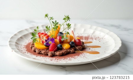 Delicious dessert plate with fresh fruits and chocolate in elegant presentation 123783215