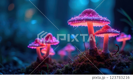 Enchanted forest with glowing mushrooms illuminating the dark surroundings 123783216