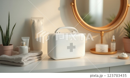 White medical kit on a bathroom counter with plants and skincare products 123783435