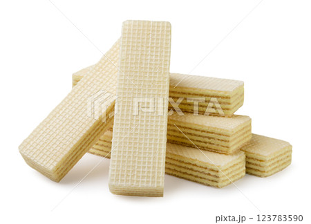 A pile of crispy wafers filled close-up on a white background. Isolated 123783590
