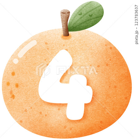Watercolor number 4 letter with orange, hand drawn number clipart with fruit for kids, worksheet 123783637