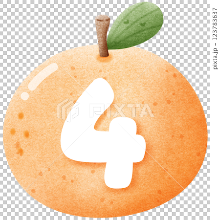 Watercolor number 4 letter with orange, hand drawn number clipart with fruit for kids, worksheet 123783637