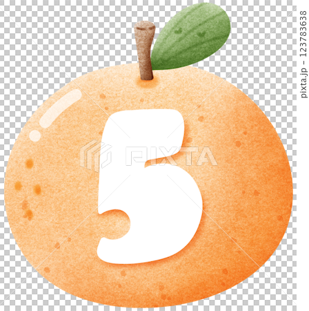 Watercolor number 5 letter with orange, hand drawn number clipart with fruit for kids, worksheet 123783638