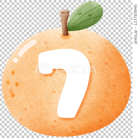 Watercolor number 7 letter with orange, hand drawn number clipart with fruit for kids, worksheet 123783640